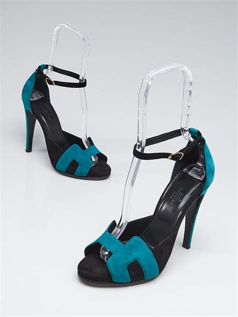 hermes teal black suede open toe pumps|Hermes blue shoes for women.